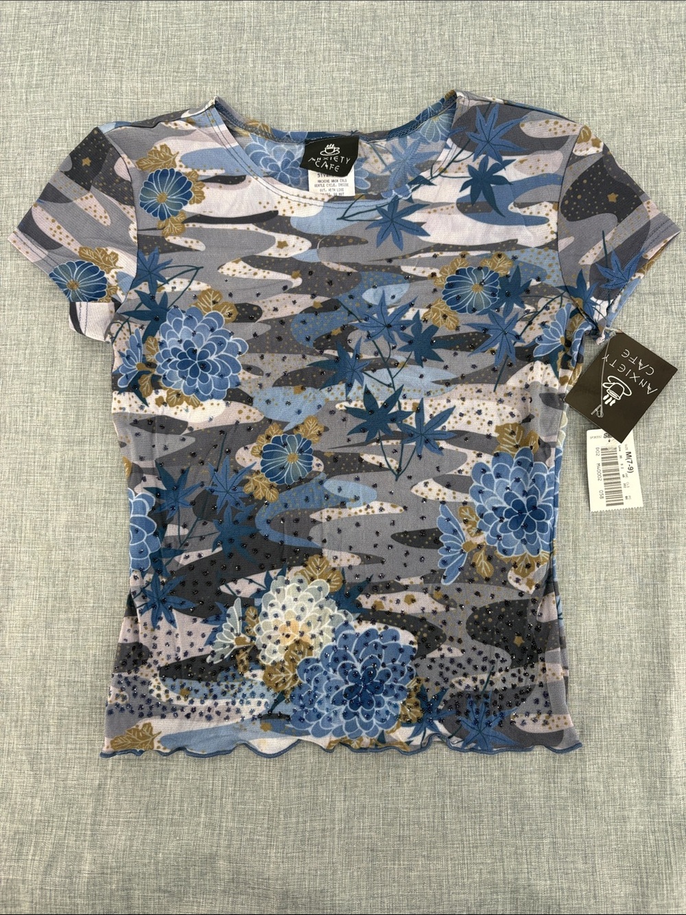 Anxiety Cafe New Y2K Mesh Camo Floral Rhinestone Lettuce Hem Top
